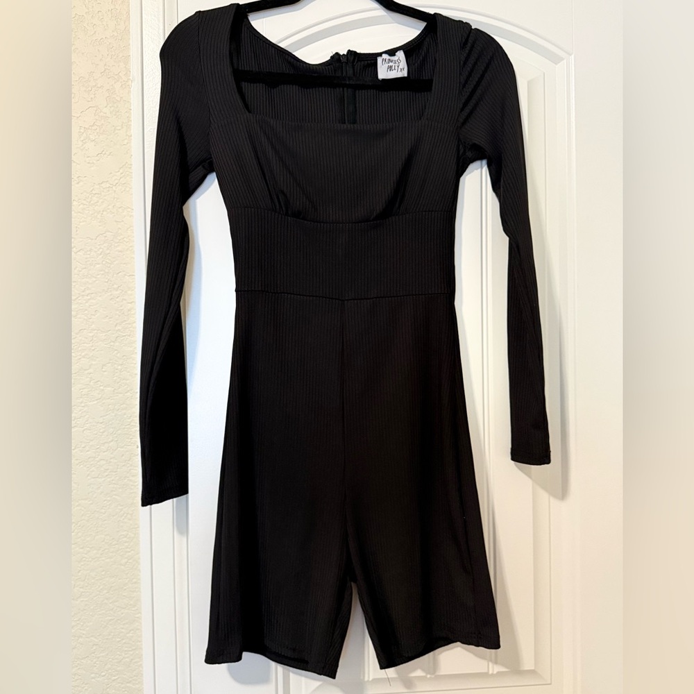 Princess Polly‎ Sara Playsuit Black Ribbed Square Neck Long Sleeve Romper Size 8